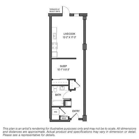 Floor plan for studio, 1 bath, 605 sqft